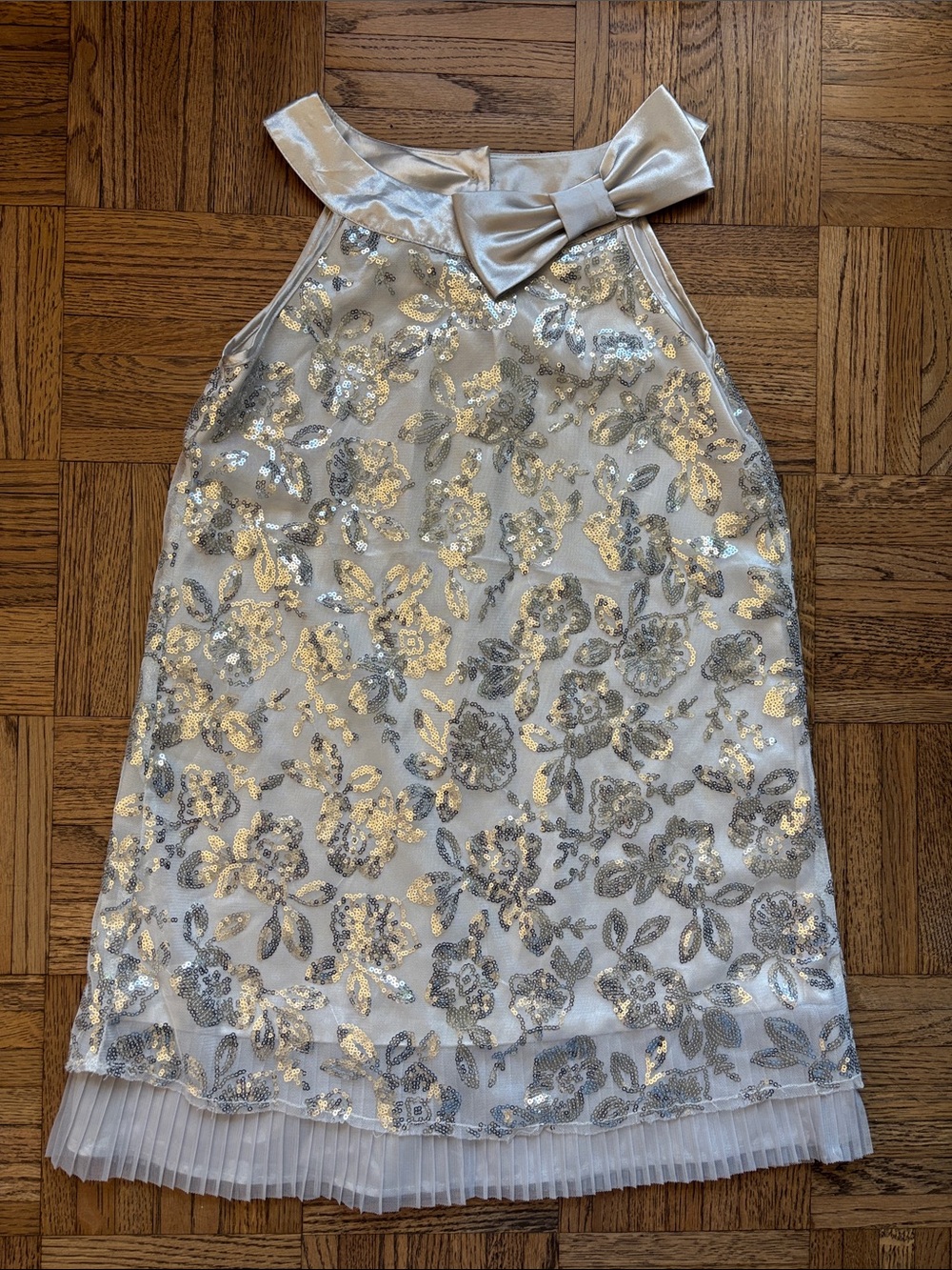 Biscotti Silver Floral Sequin Dress with Bow